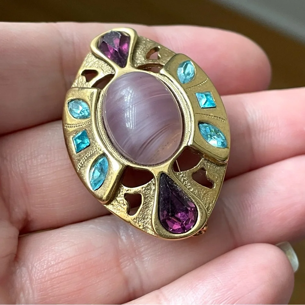 Vintage Gold-tone Brooch with Pink Center and Blue & Purple Accents